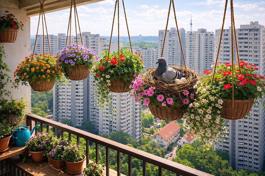 Brütende Tauben auf dem Balkon